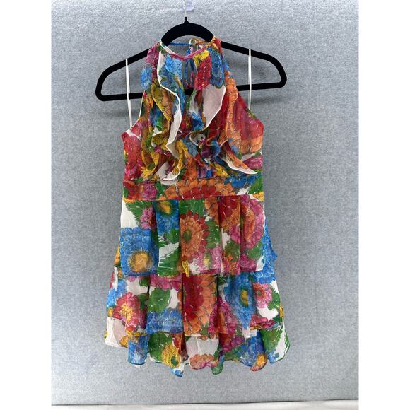 Women’s sz L Ruffle tropical Floral Print halter dress sundress night out - Picture 6 of 7